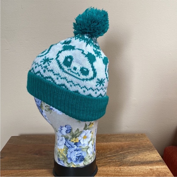 VTG 80’S Green Panda Bear Knit Knitted Pom Pom Winter Hat Beanie - Picture 10 of 14